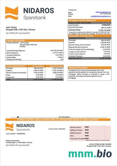 Norwegia Nidaros Sparebank wyciąg z kredytu hipotecznego szablon Word i PDF